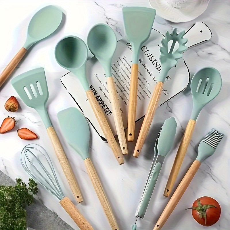 Silicone Kitchen Utensil Set with Wooden Handles - 12 Pieces, Non-Stick, Safe, and Hygienic for Home, Dorm, and Restaurant Use - Complete with Stand and Silicone Cooking Tools