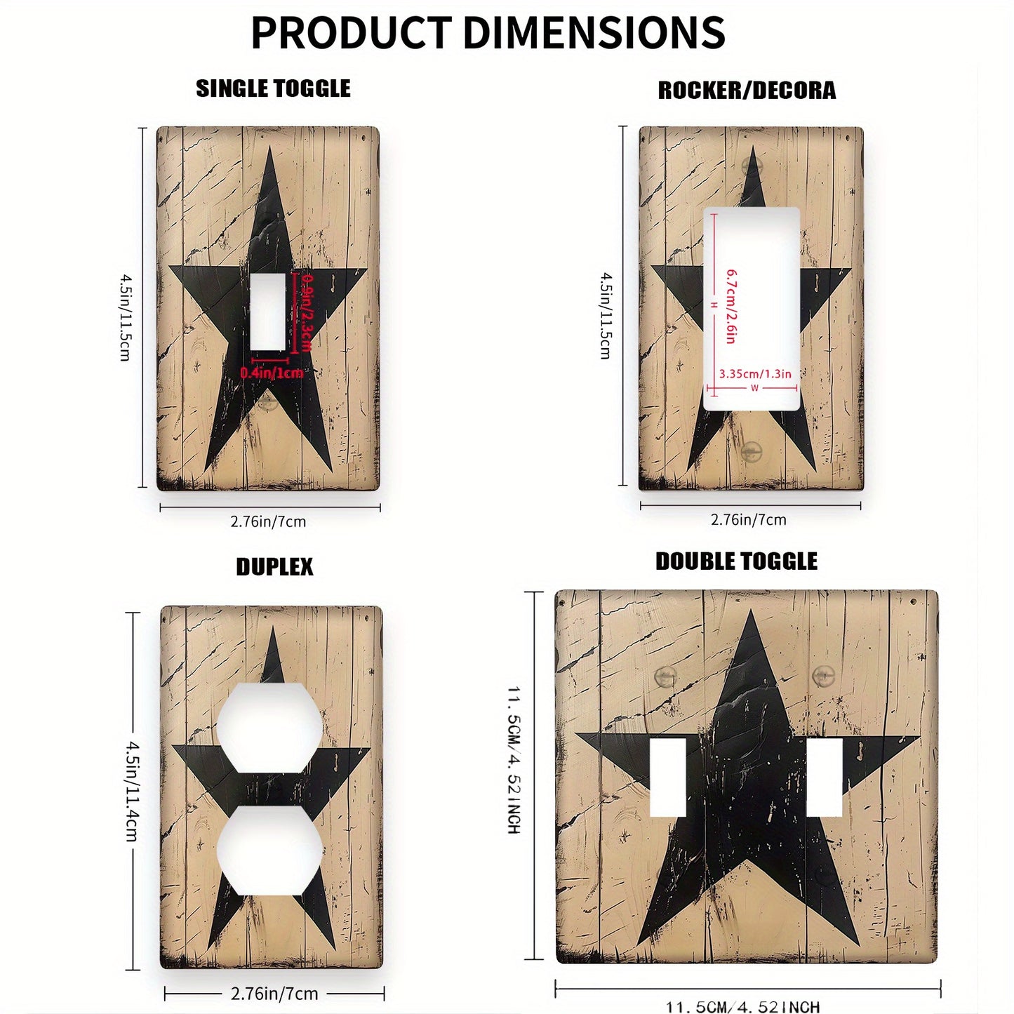 Hand painted rustic black star wall plate adds decorative touch to light switches. No electricity required, easy to clean, suitable for country-style bathroom or bedroom decor. Available in single gang or dual gang options.