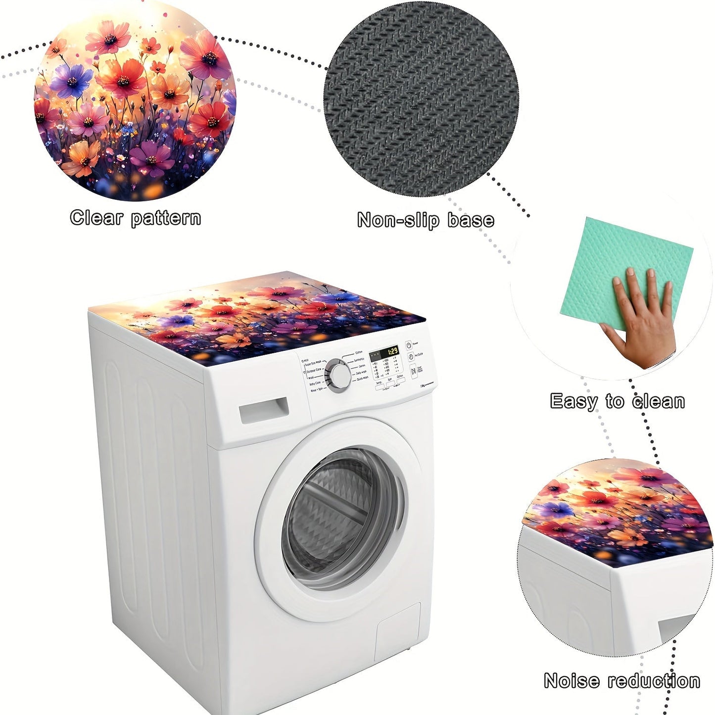 1pc Floral Washing Machine Dust Cover Mat made of polyester, perfect for protecting your washer, dryer, and small appliances. This universal quick-dry top pad is not only practical but also adds a modern touch to your home decor. Its absorbent and