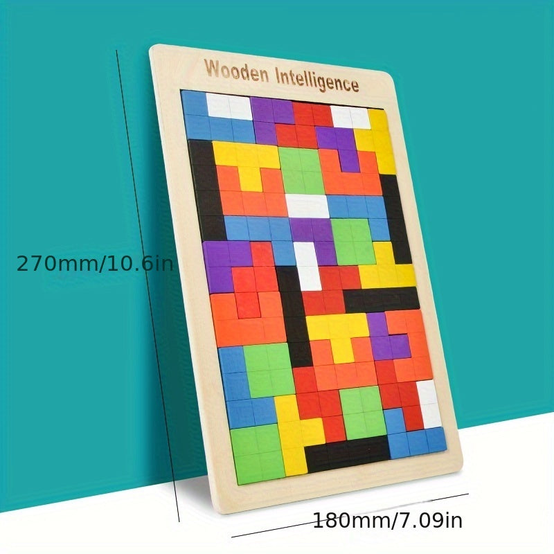 Colorful wooden 3D puzzle blocks for youngsters to enhance creativity and intelligence. STEM learning activity for cognitive development with multi-colored shapes on light brown wooden