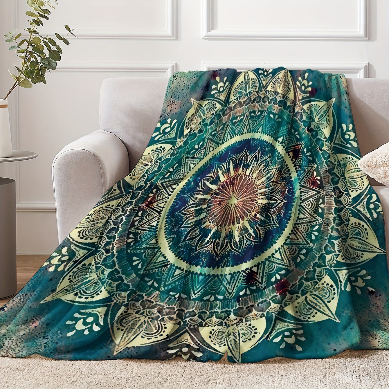 Bohemian Style Mandala Fleece Blanket - This cozy blanket features vibrant blue, green, and yellow patterns, making it the ideal addition to your sofa, bedding, or for napping. Made from soft polyester, this blanket is perfect for all seasons and makes a