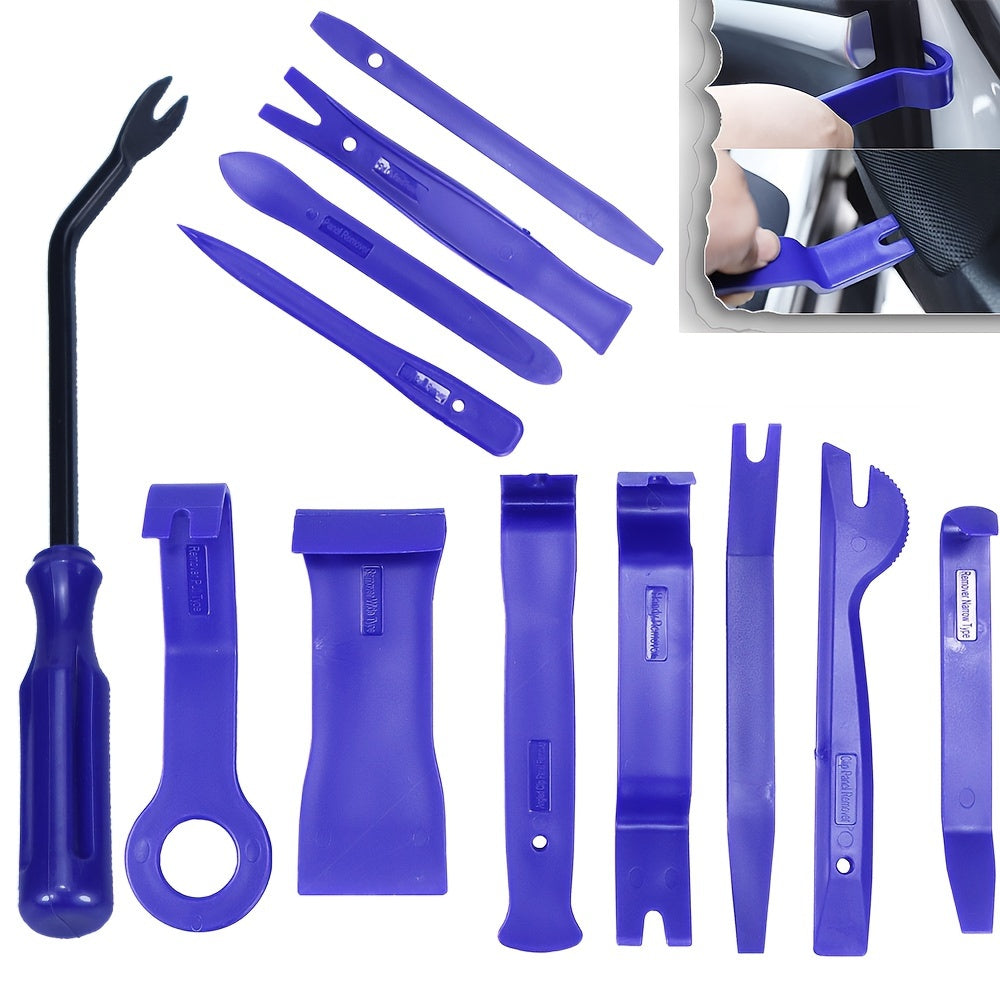 12-piece durable auto trim removal tool kit made of impact-resistant plastic for interior trim care without scratching car panel door window.