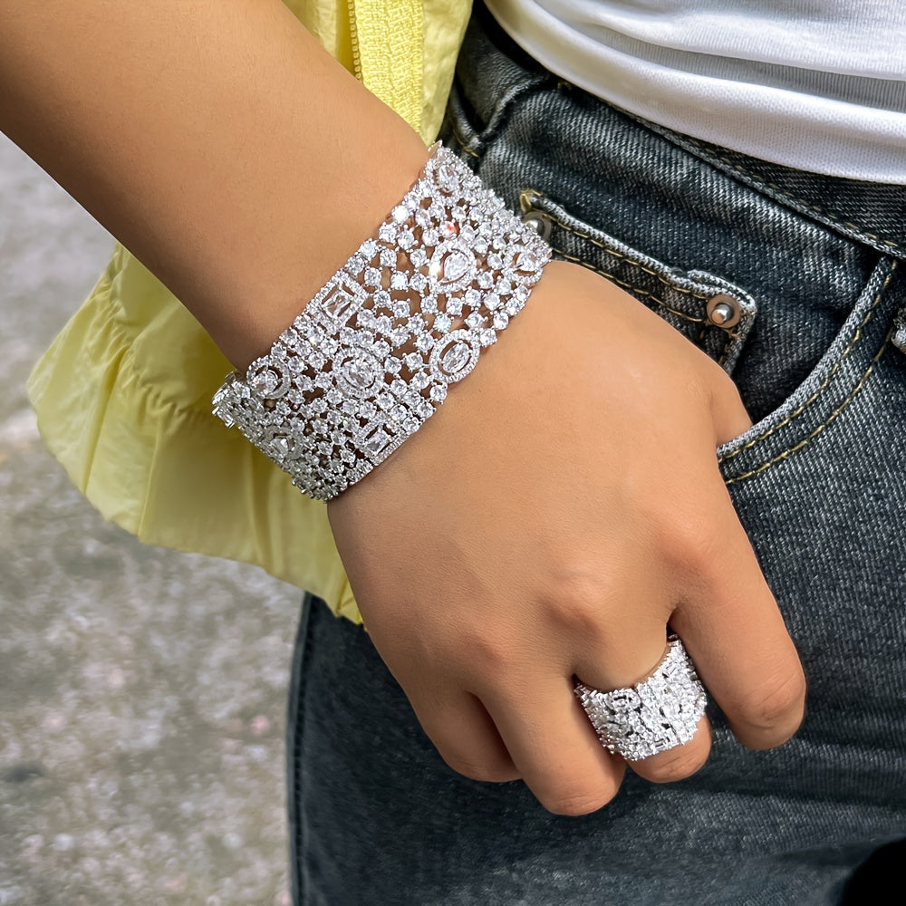 Stunning Zirconia Cuff Bracelet and Ring Set for Women - Perfect for Elegant Bridal Banquets, Wedding Anniversary Parties