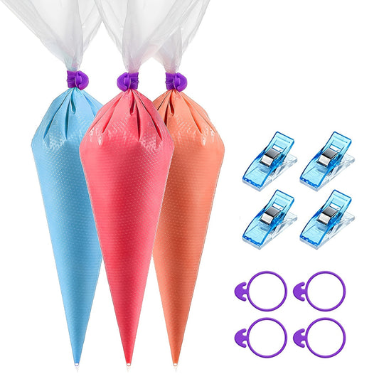 This set includes 108 disposable piping bags: 100 for royal icing and cookie decorating, 4 pastry bag ties, and 4 clips. These are the best tools for cookie and cake decorating, measuring 9 inches in length.