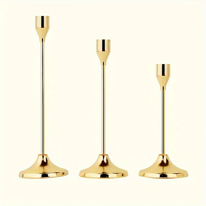 Set of three elegant single-head candle holders for romantic European home décor, perfect for candlelight dinners or weddings. Includes black and gold cone candle holder stands for table centerpieces and room decoration.