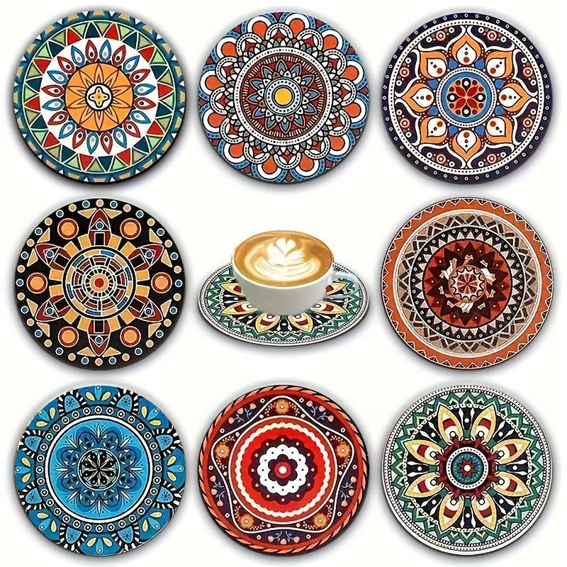 Set of 8 Bohemian-style wooden coasters - heat resistant, non-slip drink mats for home and office decor, perfect for parties, Christmas, and adding artistic, ethnic flair.