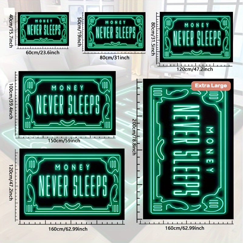 Money Never Sleeps Rug: This non-slip resistant mat features a print design and is machine washable and waterproof, making it perfect for use in the living room, bedroom, nursery, patio, garden, or yard. Enhance your home decor with this versatile rug.