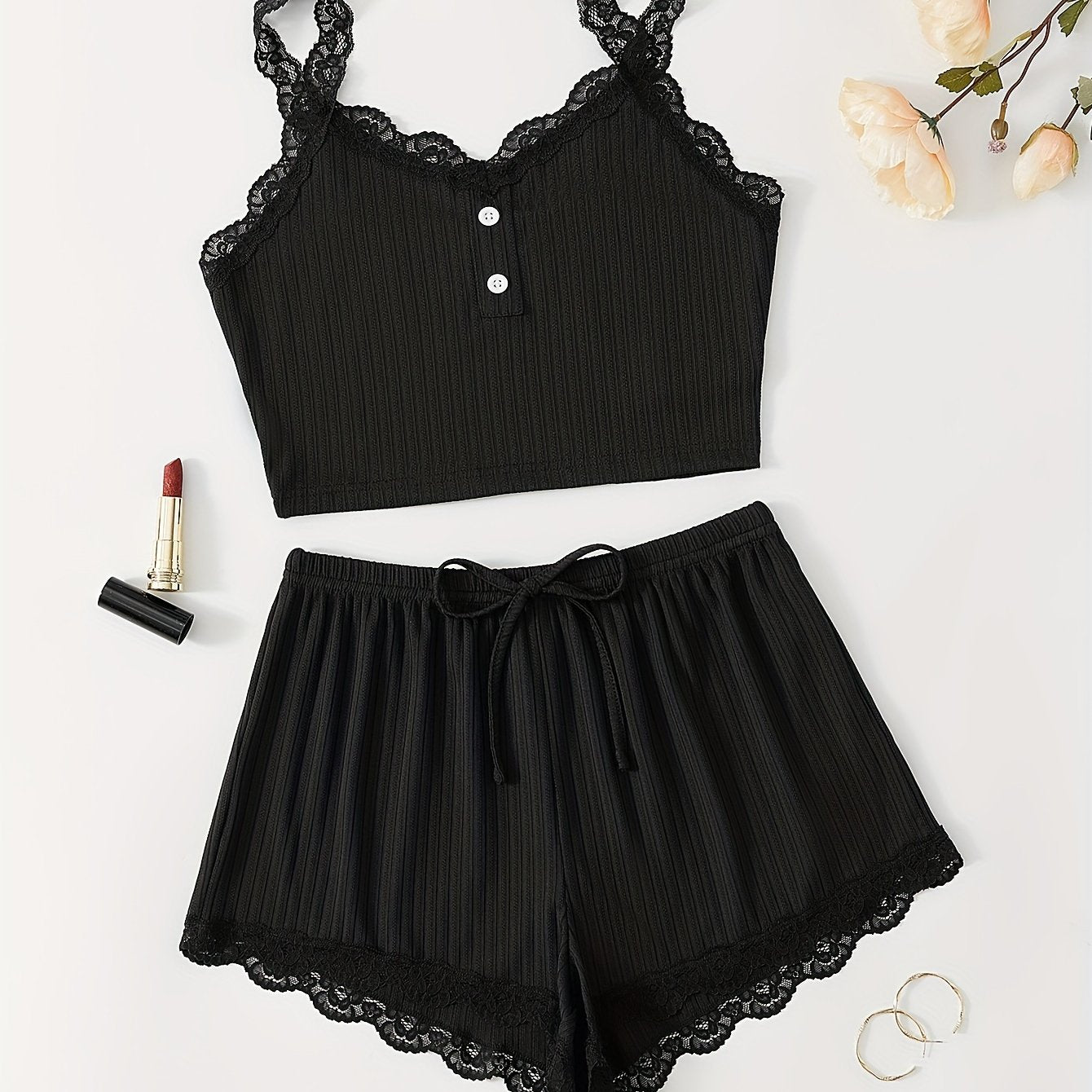 Ribbed lace trim pajama set for women includes a V-neck crop top and shorts with a comfortable fit for summer nights.