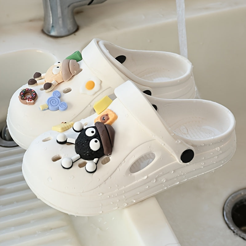 Beige EVA Clogs with Food & Cartoon Charms - Comfortable Slip-On Sandals for All Seasons, Easy to Clean