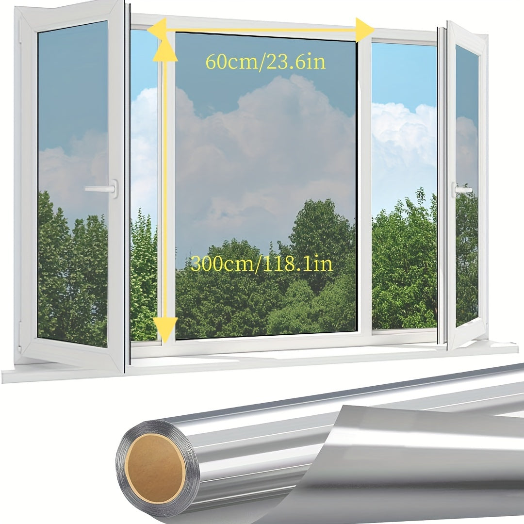 Mirror reflective one way window film offers home privacy, blocks out the sun, controls UV heat, and features a static cling design. Made of PET material, this classic style film is 4mil thick and comes in a sleek silver color.