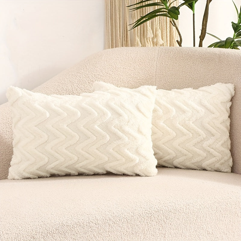 Pair of plush throw pillow covers in contemporary geometric pattern, hand wash only, 100% polyester zipper closure, beige wavy design for living room décor.