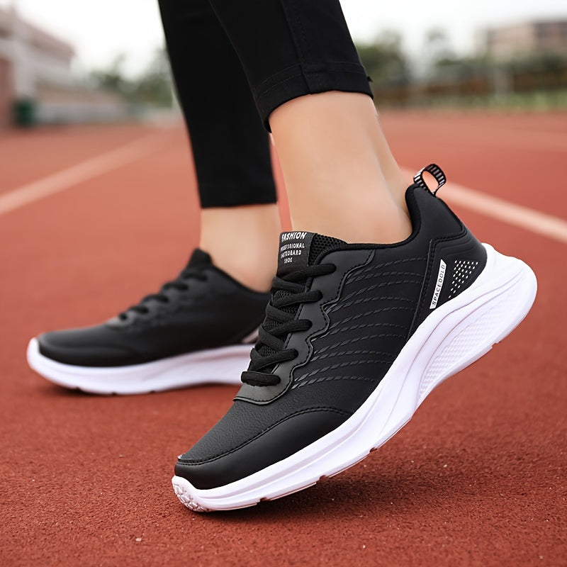 Women's water-resistant fashion sports sneakers with solid color, low top design, lace-up closure, EVA sole, superfine fiber insole, and all-season PU upper for comfort.