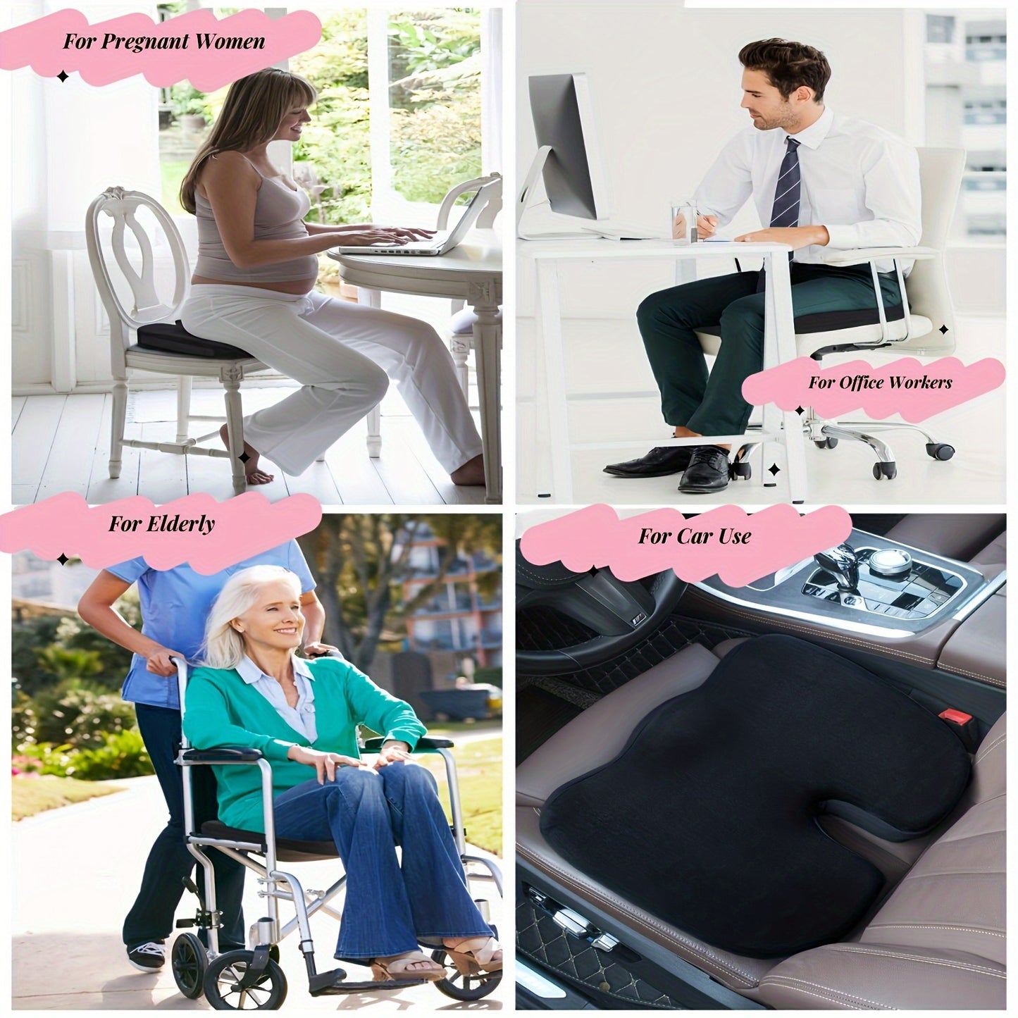 Memory Seat Cushion for Office Chair, Car, and Travel to relieve back and coccyx pain during long periods of sitting.