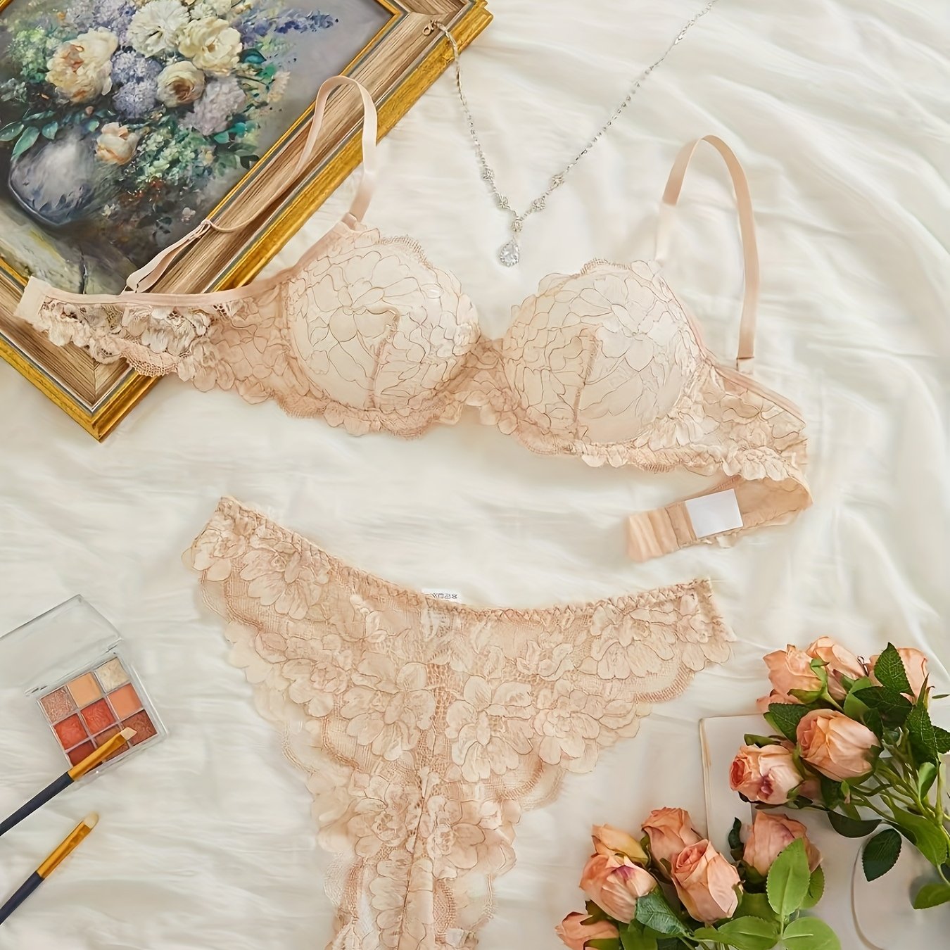 Maroon floral lace bra and panty set for women with scalloped edges. Made from a soft blend of polyester and elastane, hand washable, and semi-sheer.