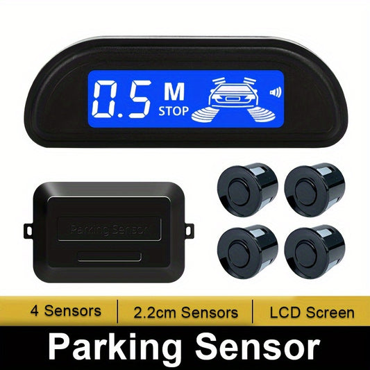 Car Reversing Radar with 4 parking sensors, LED display, sound indicator, 8 colors, and reverse parking assistance.