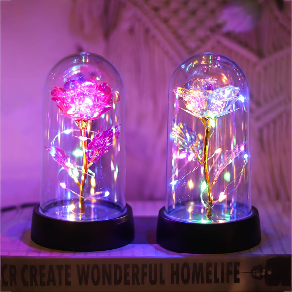 LED-lit Golden Foil Rose in Glass Dome - Battery-Powered Night Light with Pink or Yellow Flowers, great for gifting on special occasions like Valentine's Day, Mother's Day, weddings, and anniversaries. Ideal present for sisters, friends, and lovers.