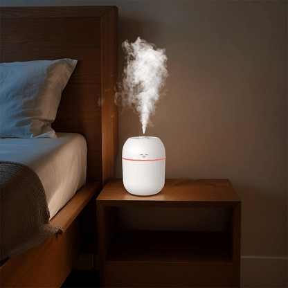 Compact USB-powered essential oil diffuser holds 7.44oz, doubles as humidifier and night light, with cute face design for car and home.