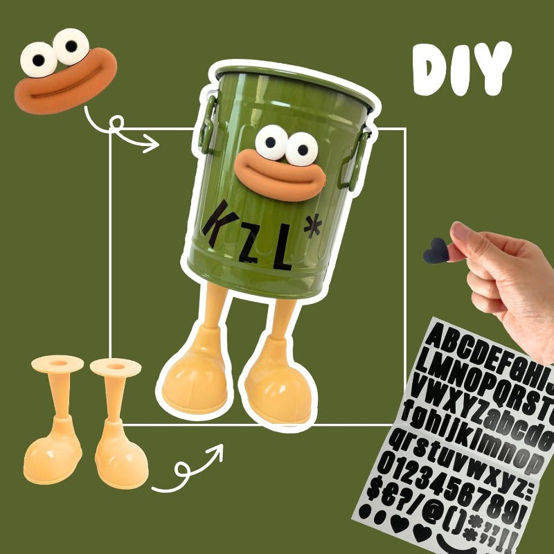 2-in-1 Cute Cartoon Character Desk Organizer with DIY letter stickers, sausage mouth & toe shoes design - Green, office accessory for women.