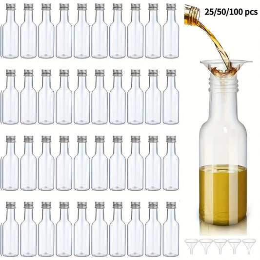 Choose from sets of 25, 50, or 100 mini liquor plastic bottles with lids and funnels, each holding 1.7oz/50ml. These compact, reusable, and leak-proof containers are perfect for cocktail parties, weddings, and gift baskets. Includes bottles for ginger