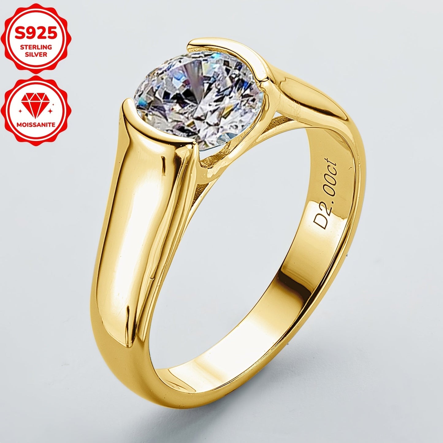 Stunning 2CT Round Moissanite Engagement Ring in Classic Style, Crafted from 925 Sterling Silver with 18K Golden Plating. Features a Synthetic April Birthstone in a Single Stone Setting, Perfect for Weddings, Vacations, and as a Valentine's Day Gift. A