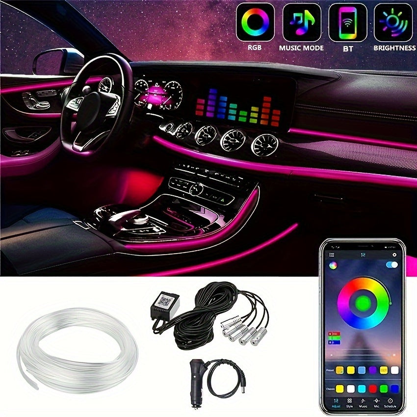 16m RGB LED Car Interior Strip Lights with 16 million colors, wireless app control, music sync lighting, and 6m fiber optic kit.