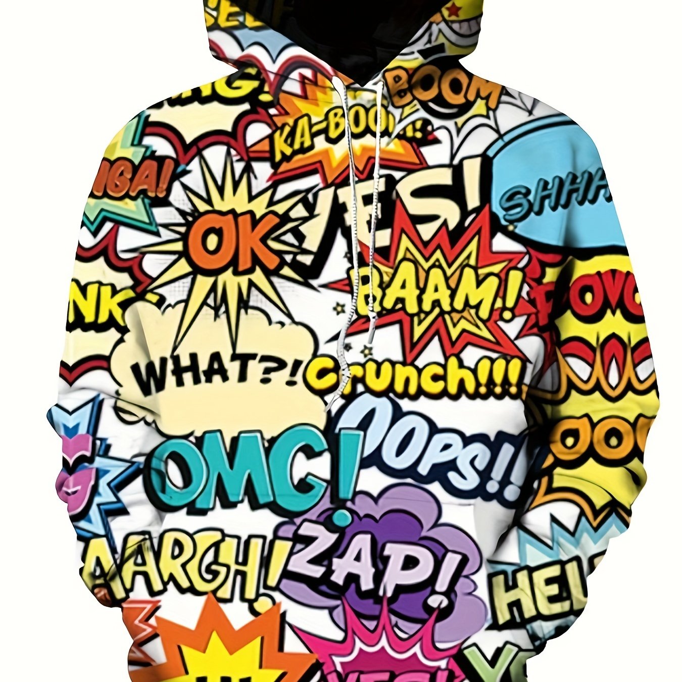 Men's Retro Comic Style Graphic Hoodie featuring superhero print, drawstring, kangaroo pocket, warm blend of polyester-spandex, perfect for fall/winter. Machine washable, available in plus