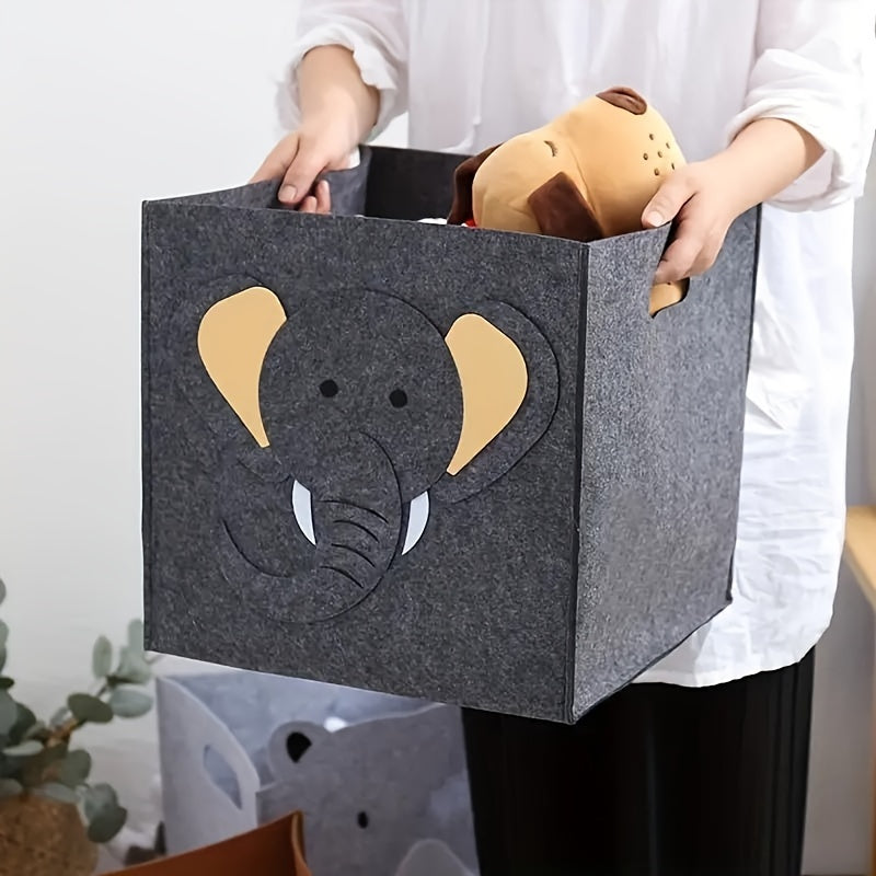 One set of adorable felt folding storage baskets featuring a charming elephant and tiger cartoon design. Perfect for organizing toys, dirty laundry, or other household items, these baskets offer a large capacity and can be used in the car or throughout