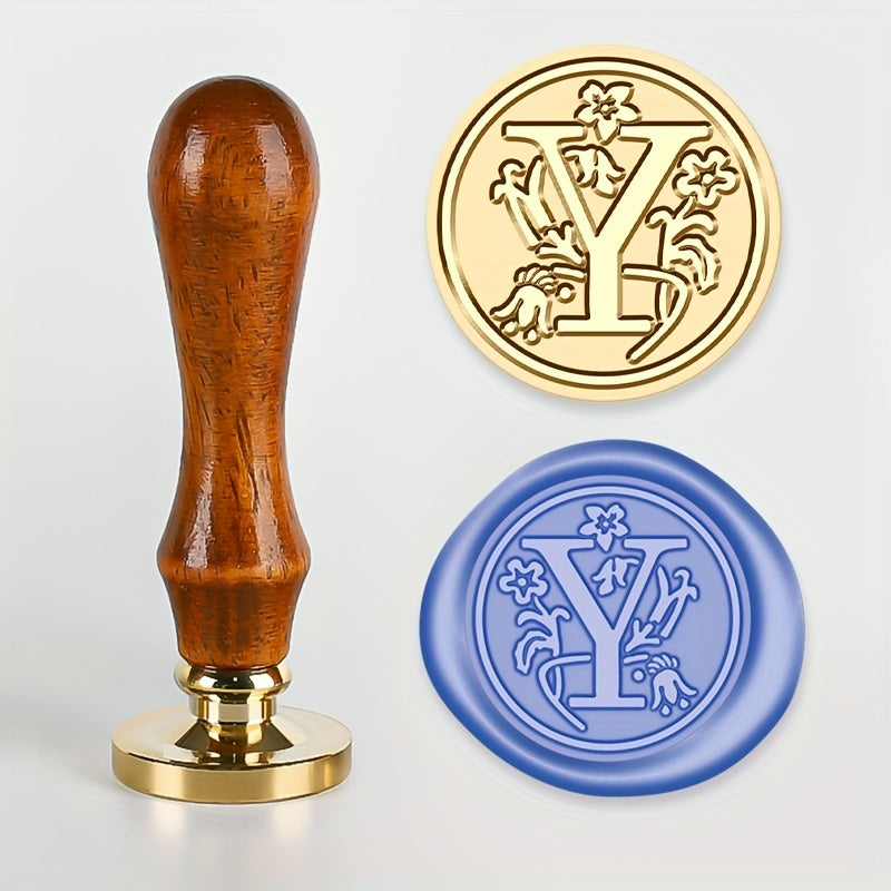 1 set of a 26-letter series Wax Seal Stamp with a Retro Wood Handle and Brass Head for various uses such as Thanksgiving Cards, Envelopes, Gift Wrapping, and Wedding Invitations featuring a