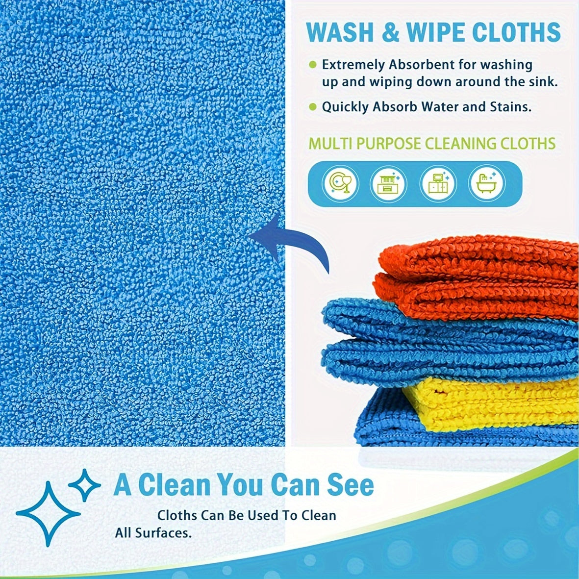 Microfiber cleaning cloths that are ultra-absorbent and can withstand up to 1200 washes. These cloths provide a streak-free shine for mirrors and cars without the need for chemicals. Made of polyester.