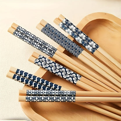 5 pairs of premium reusable bamboo chopsticks with multicolor non-slip design, lightweight and dishwasher safe.