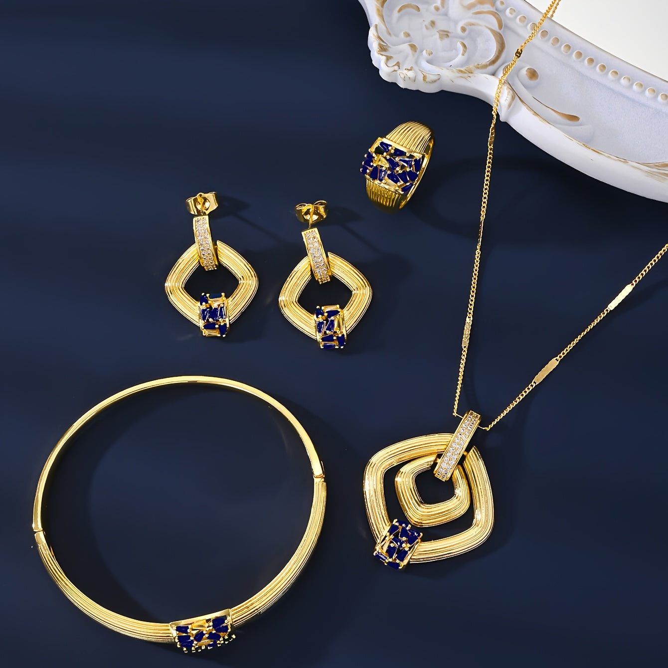 Vintage Luxury Style Jewelry Set by MEIZ - Elegant 18K Gold-Plated Zirconia Set Includes Necklace, Earrings, Bracelet, and Ring - Ideal for Everyday Wear or Gifting