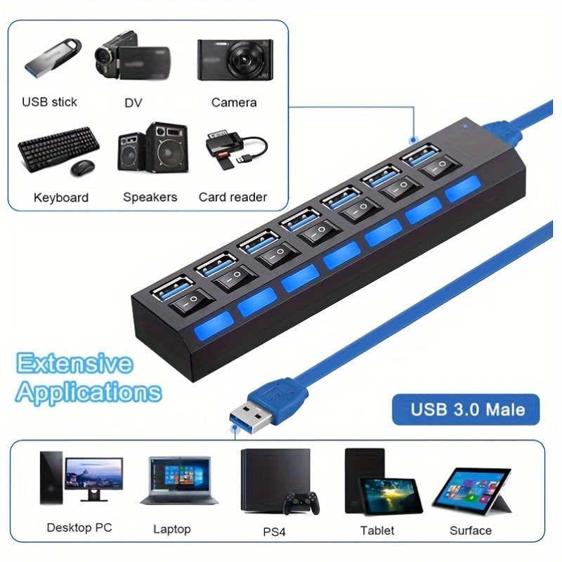 USB 3.0 хаб с 7 портами, светодиодный переключатель, быстрая передача данных, универсальная совместимость, прочный дизайн, не требуется батарея.