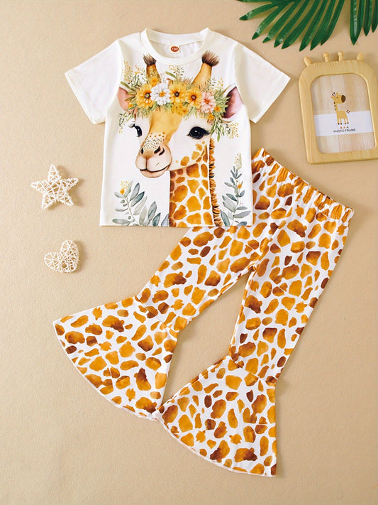 Stylish 3D giraffe graphic T-shirt and pants set for outdoor activities