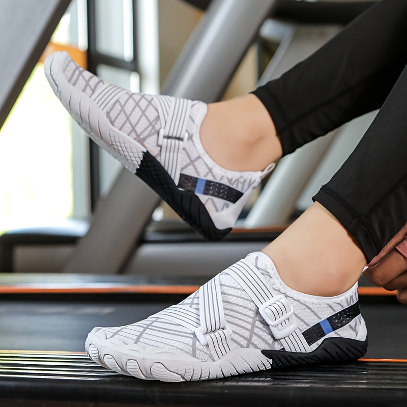 Breathable knit slip-on sneakers with non-slip rubber sole for fitness activities.