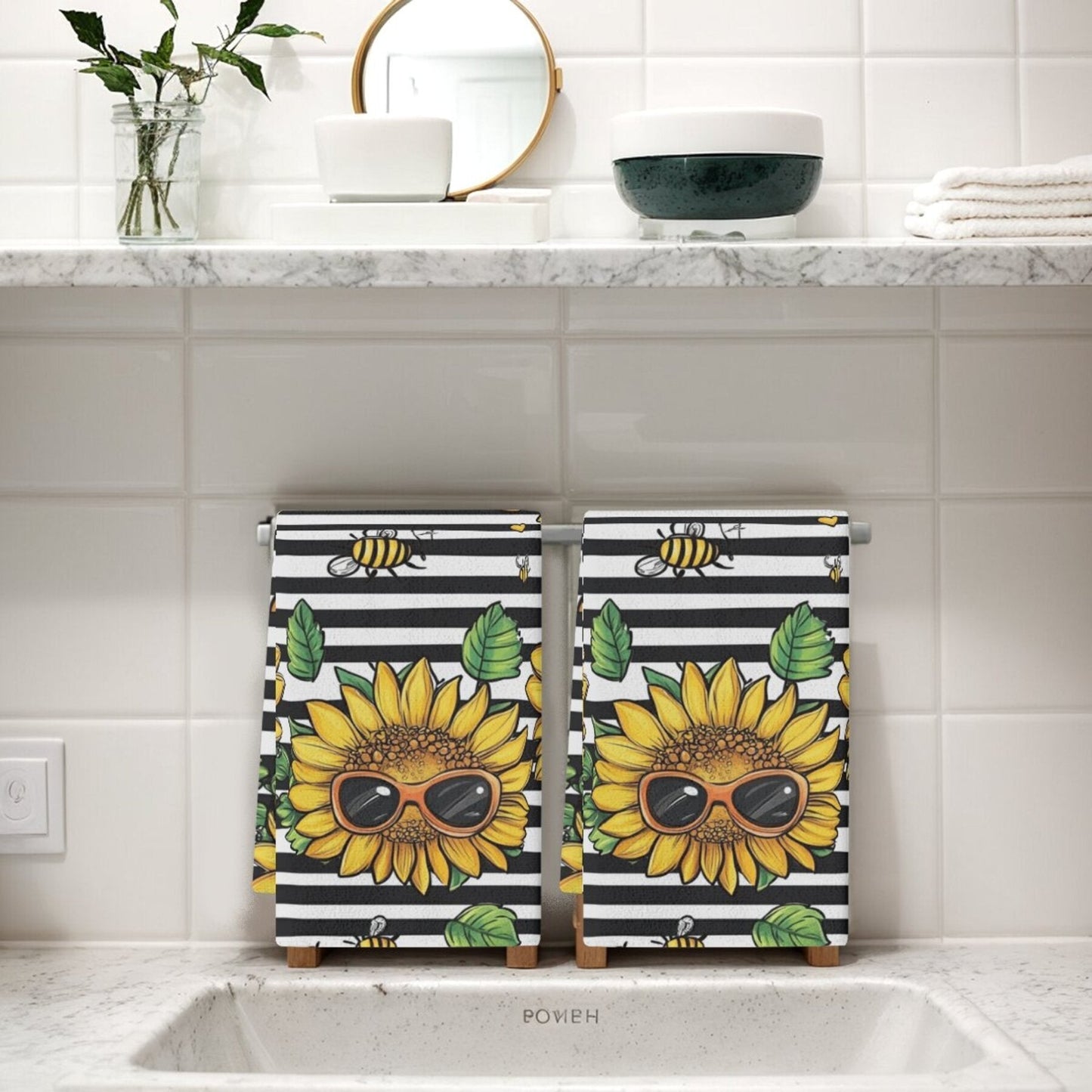 Two pieces of contemporary dish cloths featuring a sunflower pattern, made of woven polyester material. These oblong kitchen towels are designed with a floral theme and are suitable for hand wash only. Ideal for use in the kitchen.