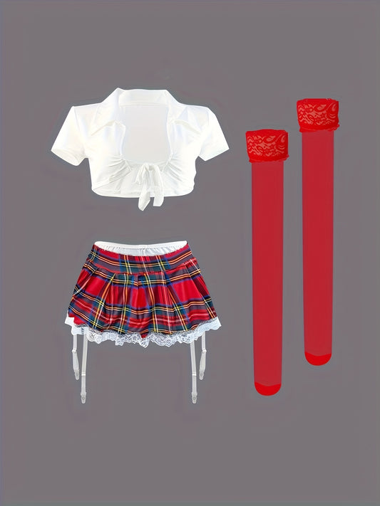 Seductive JK Uniform Lingerie Costume with Garter Stockings