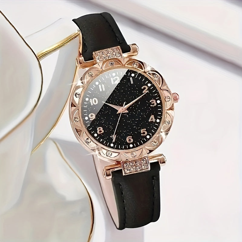 Chic 5-piece women's set includes starry sky quartz watch with oval jewelry, zinc alloy case, PU leather strap, and analog display. Ideal gift for Ramadan and Mother's Day.