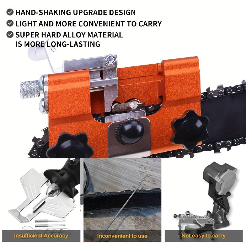 Hand-crank chainsaw sharpener for blades 20.32-55.88cm, ideal for outdoor equipment.