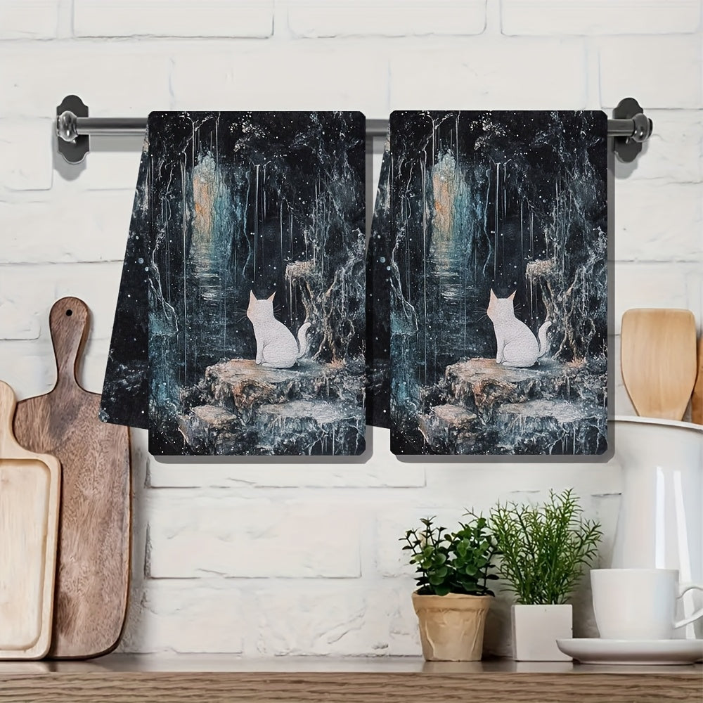 Two pieces of ultra soft kitchen towels featuring mystical Slugcat and Rain World design. These highly absorbent towels are machine washable and measure 40.64x60.96 cm. Perfect for holiday decor, these coastal motif towels are made of soft absorbent