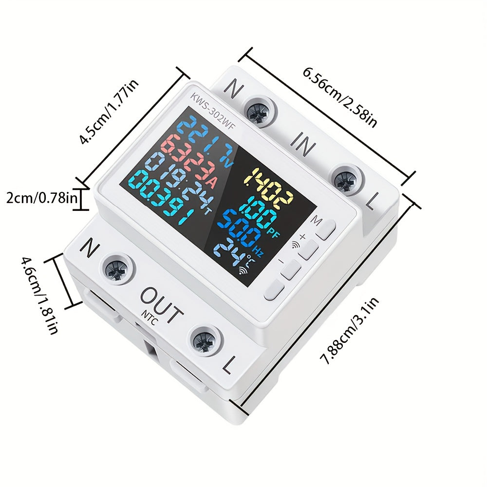 1pc 8IN1 Din Rail AC Monitor measures AC170-300V 220V 63A, including voltage, current, power factor and active power.