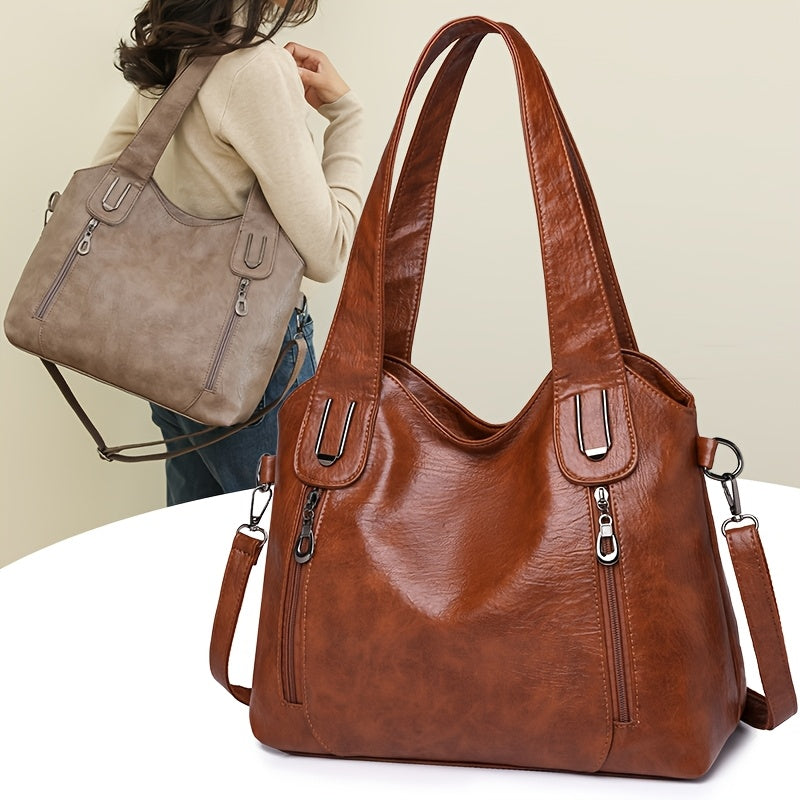 LYTING Women’s Light Brown Tote Bag with Detachable Strap, Zip Closure, Multiple Compartments for Everyday Use, Versatile and Stylish.