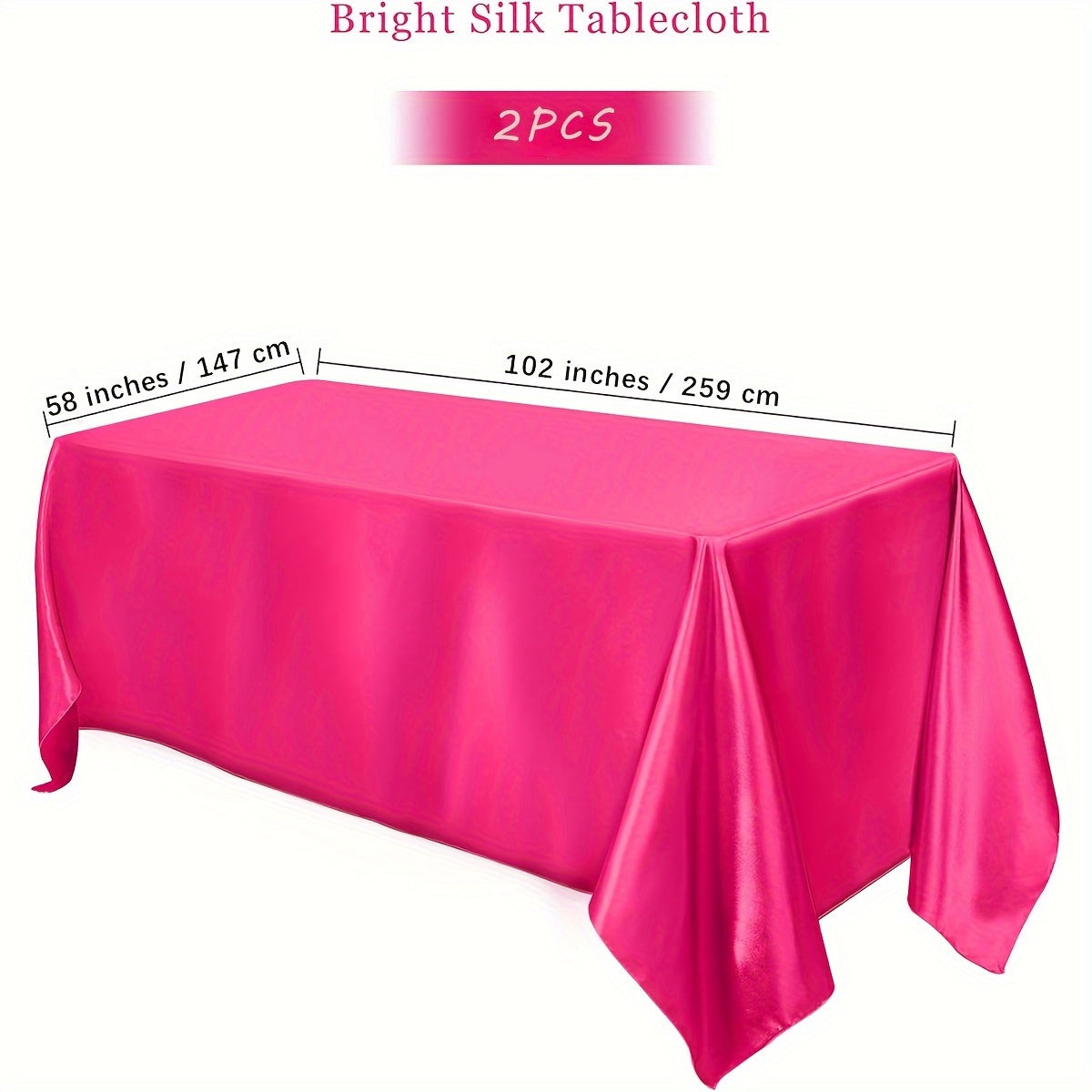 Luxurious satin tablecloths in a 2-pack. Ideal for Christmas, parties, banquets, and weddings. Solid color, 259.08x147.32 cm rectangular polyester table covers. Machine woven.