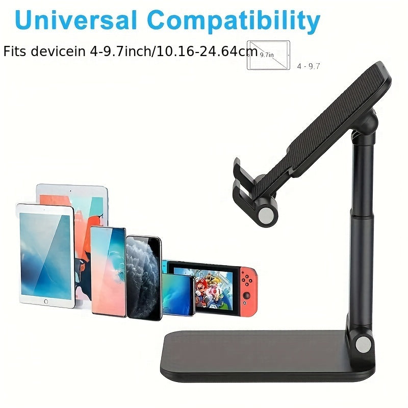 Foldable phone stand adjusts height and angle for 10.16-20.32cm devices. Ideal for office and bedroom, compatible with various devices.