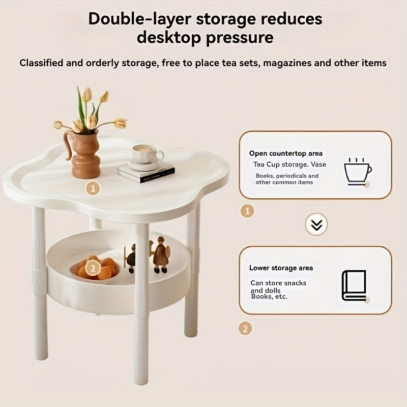 Modern minimalist round coffee table with 2-tier storage in white plastic, ideal for living room, bedroom, or office.