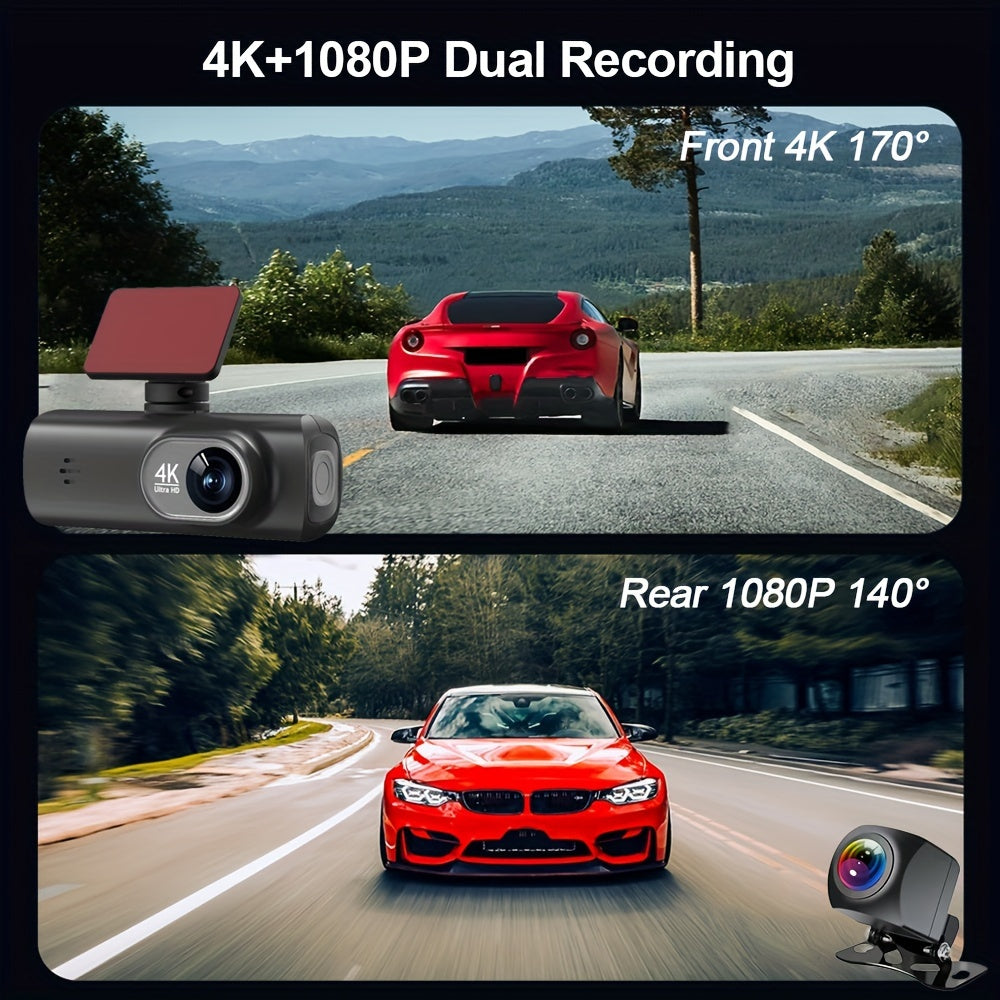 4K Ultra HD Dash Cam with front and rear view, includes 64GB card, built-in WiFi, 3.73cm IPS screen, night vision, wide angle, WDR, parking mode, smartphone app control, adhesive mount