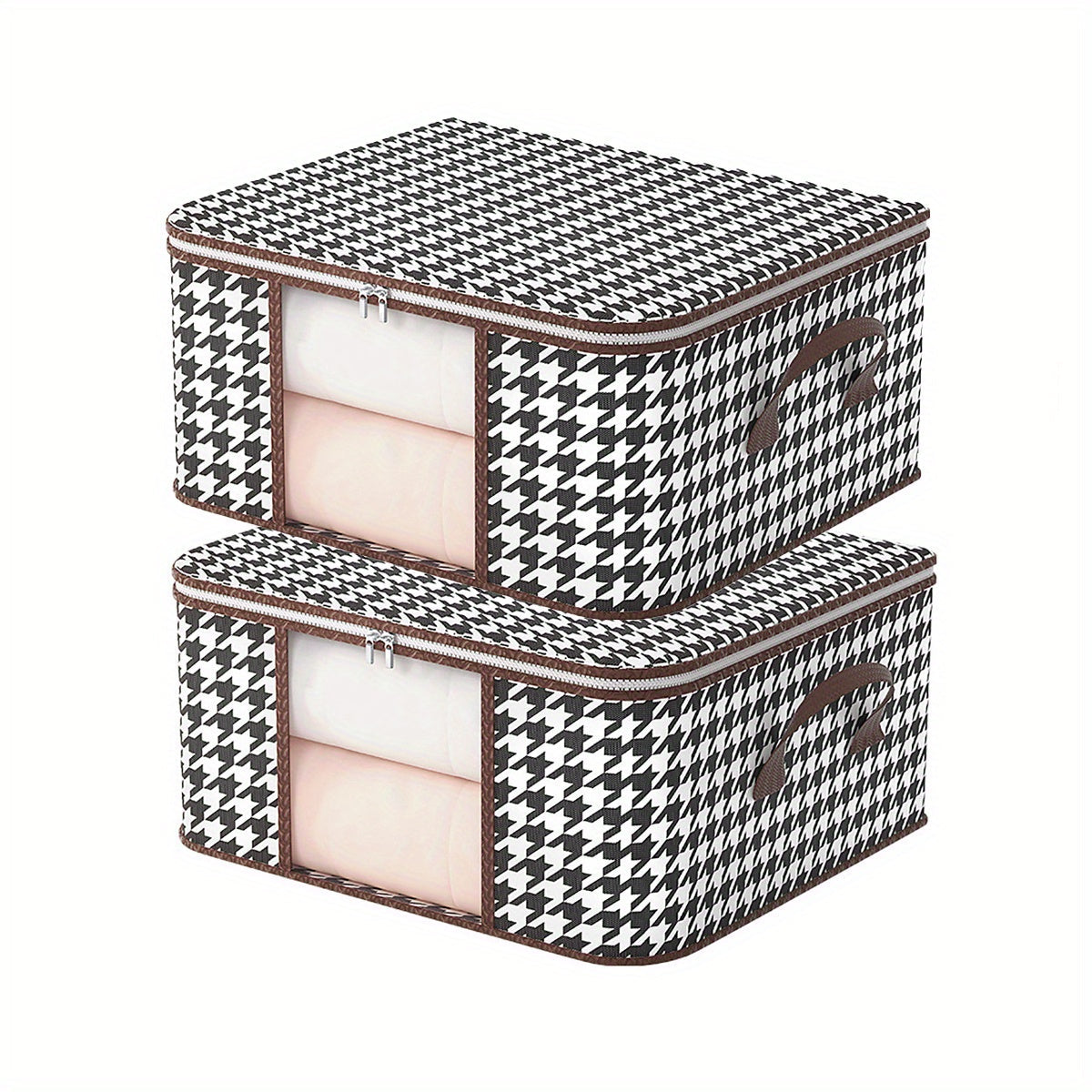 The Houndstooth Pattern Clothes Storage Bag with Transparent Window is a versatile and stylish option for organizing your wardrobe. Made of non-woven material, this quilt clothes organizer bag is dustproof and foldable for easy storage. It makes a