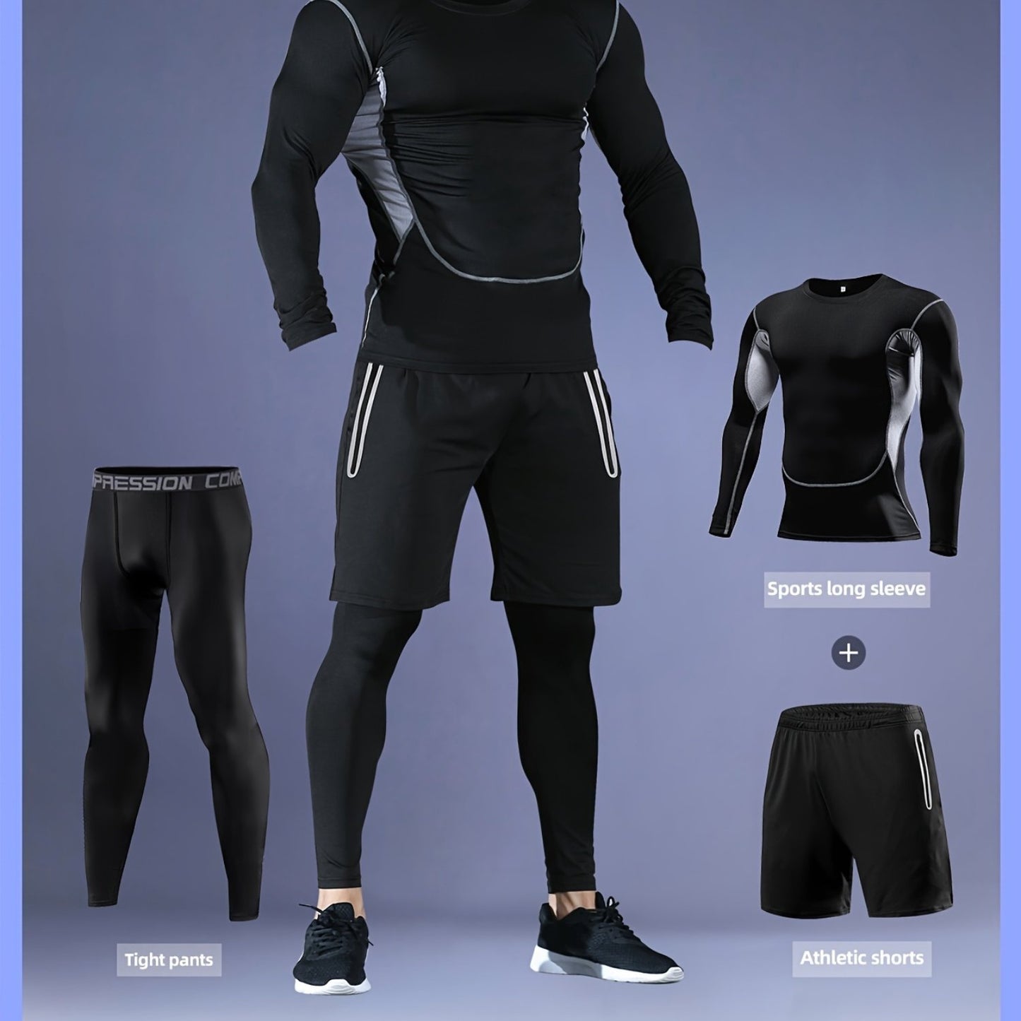 Men's 3-piece athletic set includes a breathable mesh long sleeve top and skinny fit polyester/spandex pants. Perfect for running, basketball, hiking, and training in the fall or winter.