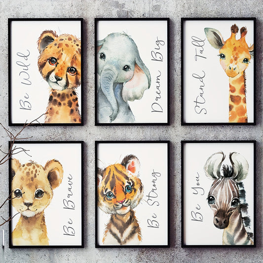 Wild critter posters featuring cheetahs, elephants, and zebras, in a watercolor style, are available in a set of 6. The set includes various sizes to suit different rooms, without frames. Perfect for decorating living rooms, bedrooms, and dining rooms