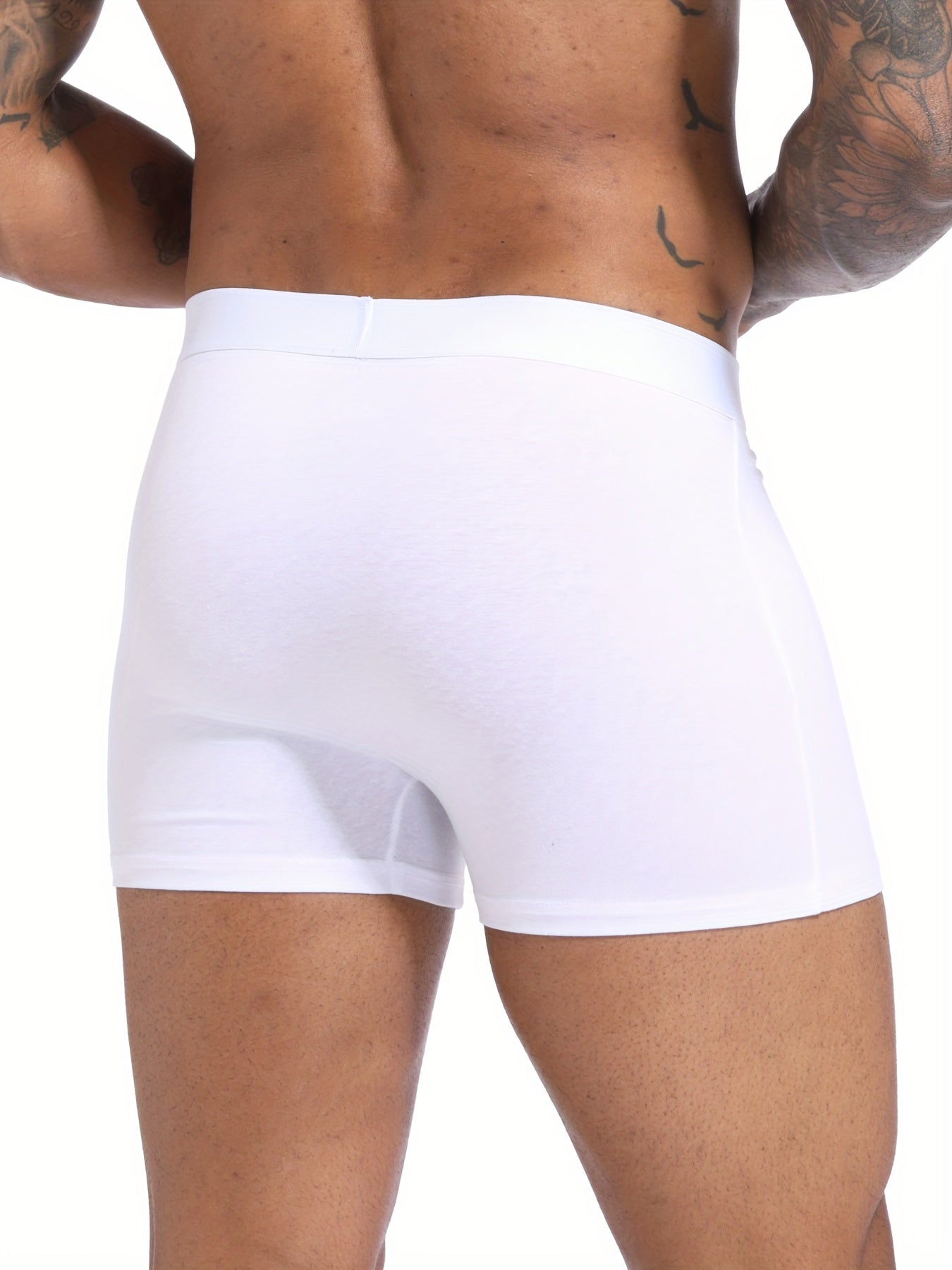 Men's white boxer shorts, 5 pcs in polyester blend with elastic waistband. Durable, breathable, machine washable, ideal for casual wear.