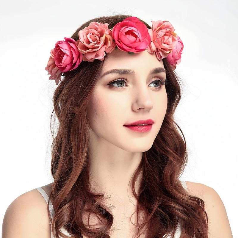 Rose Hairpin Holiday Wreath Hair Band with Simulation Flowers, Headpiece Flower Crown Headband, Floral Wedding Bridal Hair Hoop